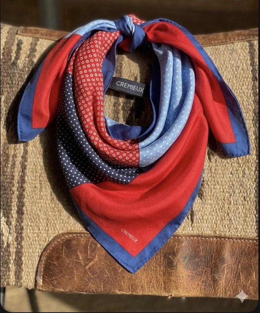 Silk Scarf Bandana Neckerchief Red Blue Patchwork Square 100% Silk